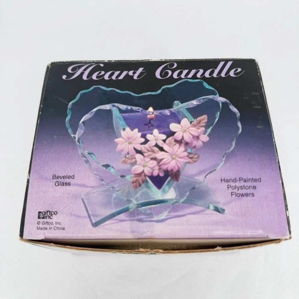 Giftco Heart Candle Beveled‎ Glass Holder Polystone Flowers Purple Decor Gift